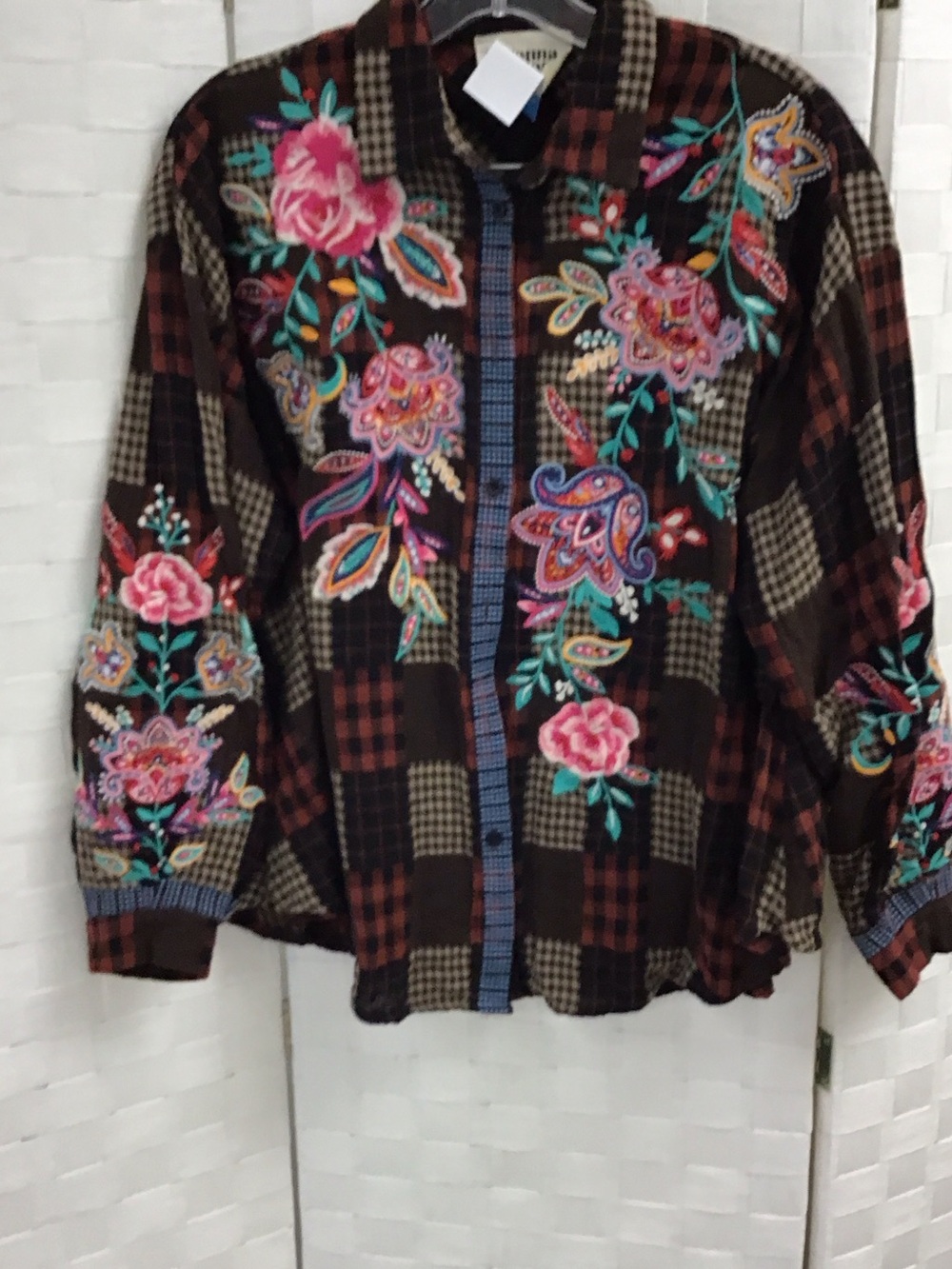 Savanna Jane Brown Plaid Button-Up Top with Pink & Teal Floral Embroidery